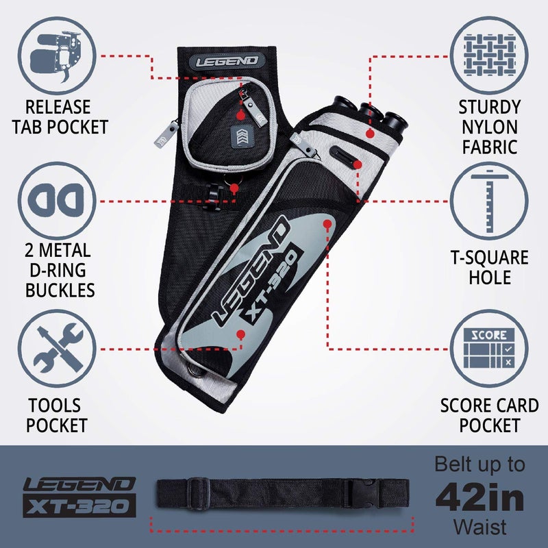 Legend XT320 Archery Quivers - Right Handed Nylon Hip Quivers with 3 Arrow Tube Cases for Target Shooting - Adjustable Waist Belt, T-Slot, Compartments for Accessories, Tools, Release Tab - Grey - Image 2